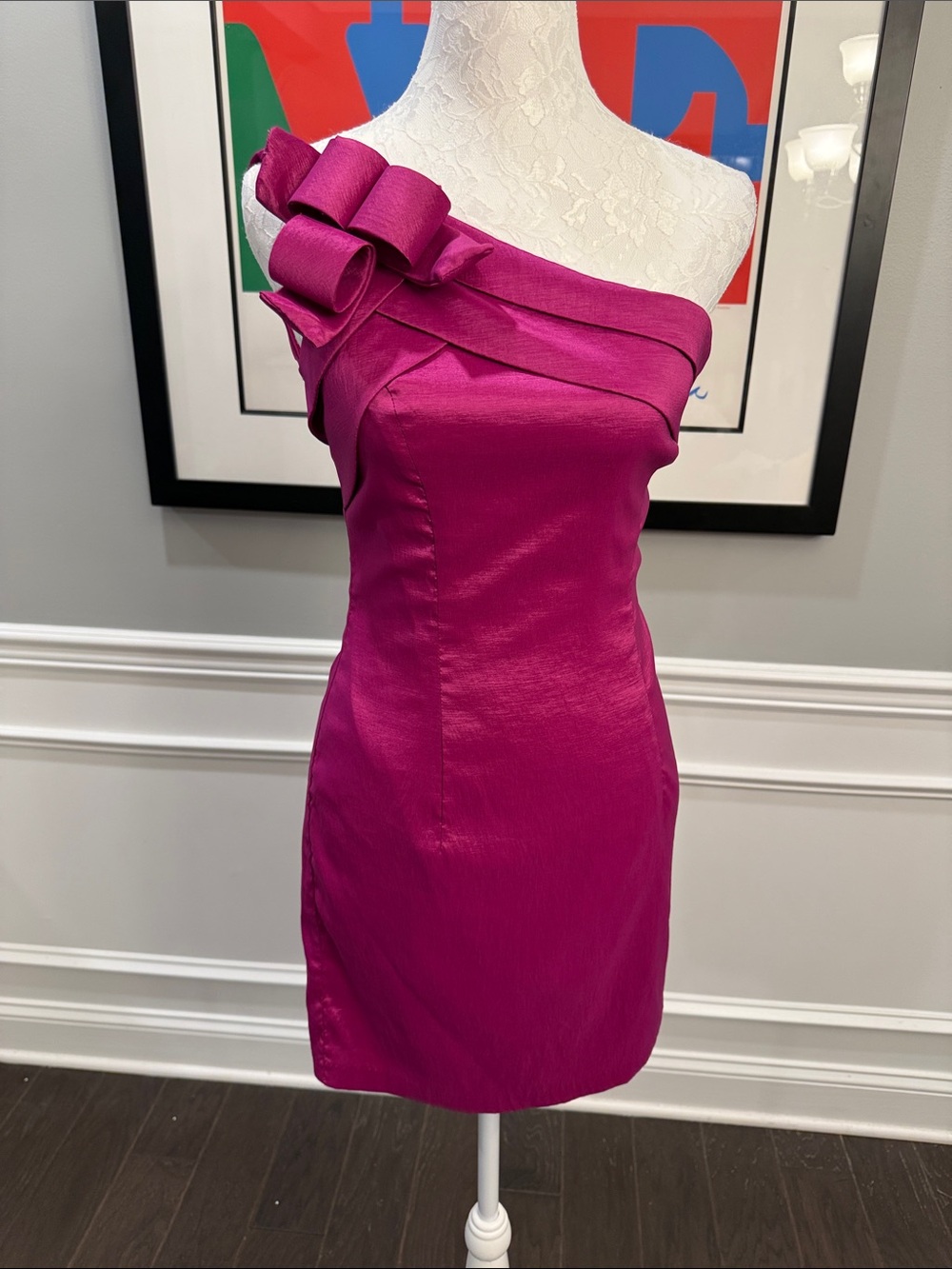 Vintage Jessica McClintock Fuchsia One Shoulder Rosette Cocktail Dress Size 4